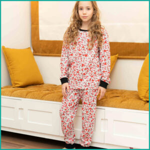 Winter Cute Faces Girls Pajama Set - Pink