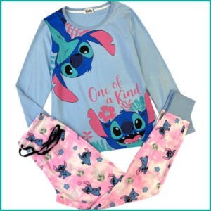 Disney Stitch Ladies Cotton Pajama Set - Pink Blue