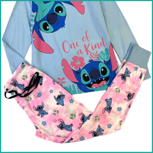Disney Stitch Ladies Cotton Pajama Set - Pink Blue - Image 3