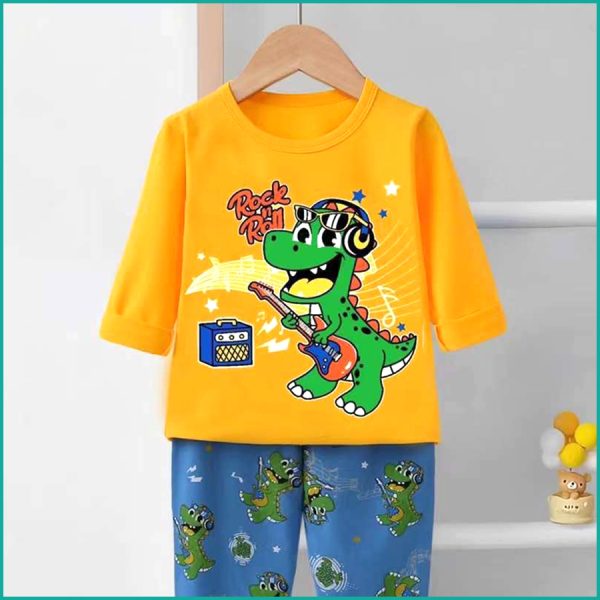 Rock Dino Boys Long Sleeves Pajama Set - Yellow Blue - Image 2