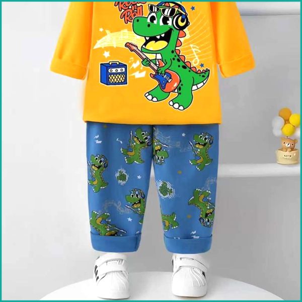 Rock Dino Boys Long Sleeves Pajama Set - Yellow Blue - Image 3