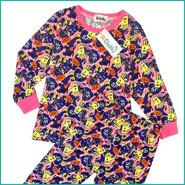 Cute Emoji Girls Cotton Pajama Set - Pink - Image 2