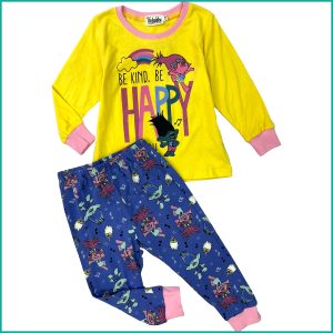 Be Kind Girls Cotton Full Sleeves Pajama Set - Blue Yellow