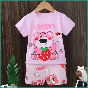 Teddy Strawberry Girls Summer Cotton Shorts Set - Pink