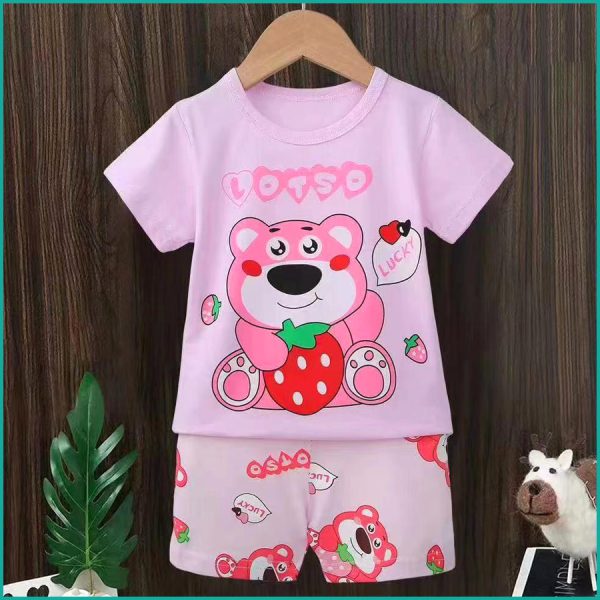 Teddy Strawberry Girls Summer Cotton Shorts Set - Pink