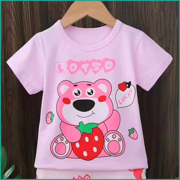 Teddy Strawberry Girls Summer Cotton Shorts Set - Pink - Image 2