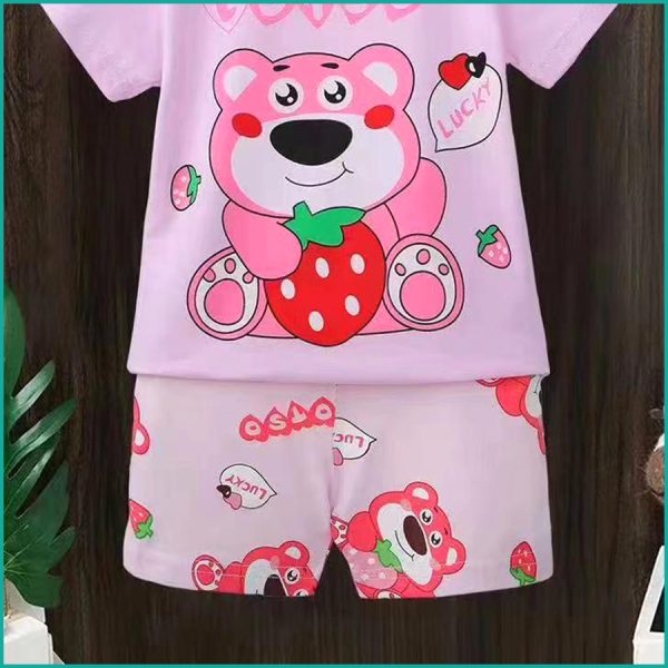 Teddy Strawberry Girls Summer Cotton Shorts Set - Pink - Image 3