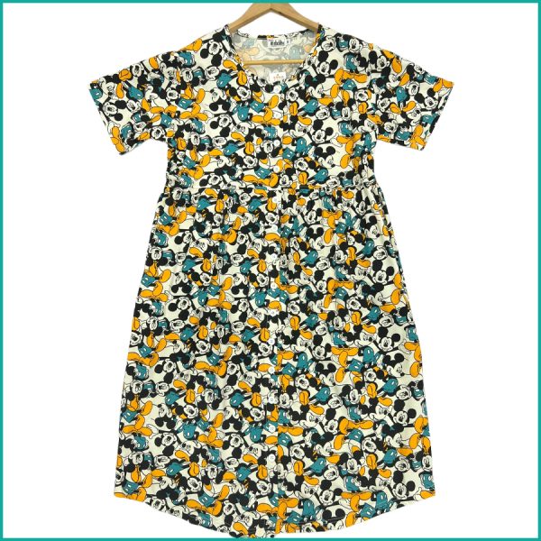 Mickey Ladies Front Open Cotton Dress - Multicolor