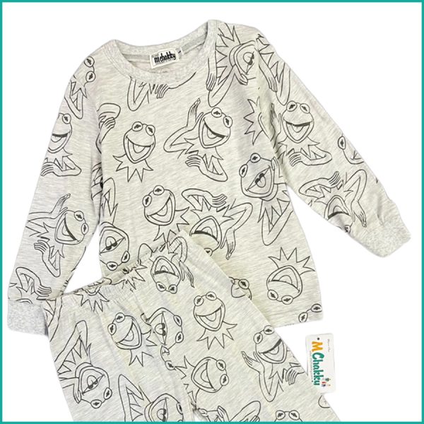 Cute Frog Boys Full Sleeves Cotton Pajama Set - Grey - Image 2