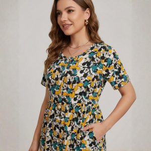 Mickey Ladies Front Open Cotton Dress - Multicolor