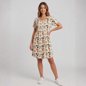 Mickey Ladies Front Open Cotton Dress - Cream
