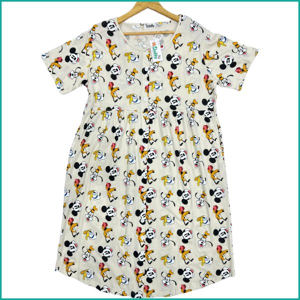 Mickey Ladies Front Open Cotton Dress - Cream