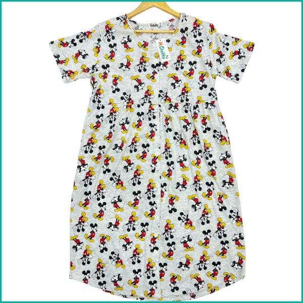 Mickey Ladies Front Open Cotton Dress - Grey