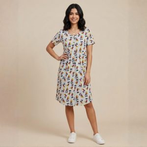 Mickey Ladies Front Open Cotton Dress - Grey