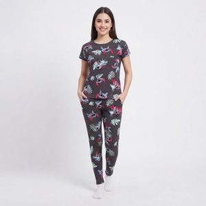 Stitch Leaf Ladies Pajama Set - Black