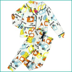 Ice Cream Boys Front Open Full Sleeves Pajama Set - White
