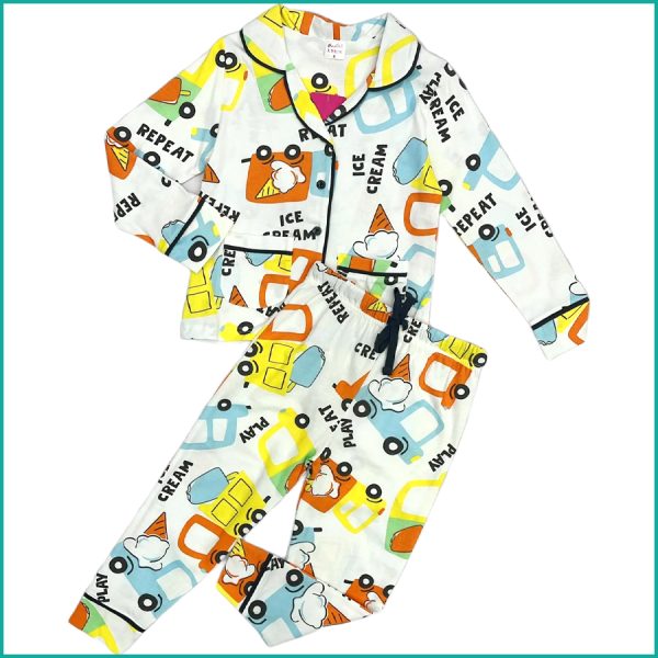 Ice Cream Boys Front Open Full Sleeves Pajama Set - White