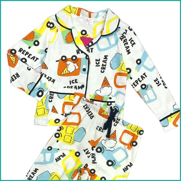Ice Cream Boys Front Open Full Sleeves Pajama Set - White - Image 2