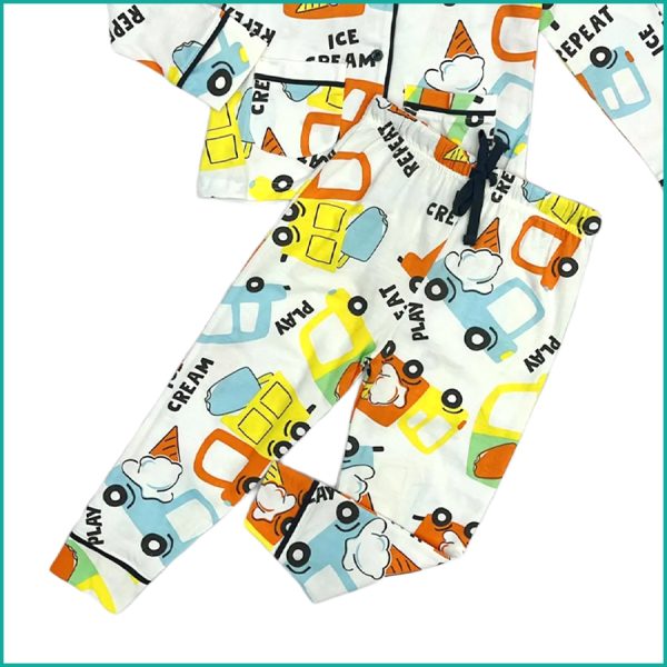 Ice Cream Boys Front Open Full Sleeves Pajama Set - White - Image 3