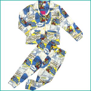 Comic Boys Front Open Full Sleeves Pajama Set - White Blue