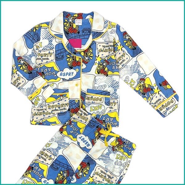Comic Boys Front Open Full Sleeves Pajama Set - White Blue - Image 2