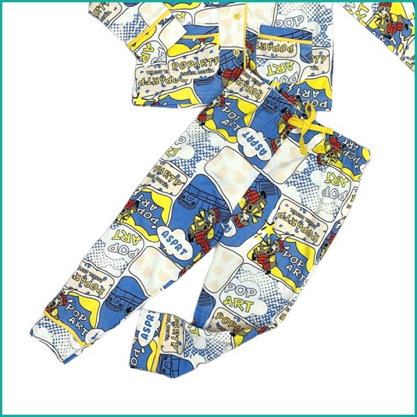Comic Boys Front Open Full Sleeves Pajama Set - White Blue - Image 3