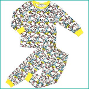 Cute Kitty Girls Full Sleeves Pajama Set - White