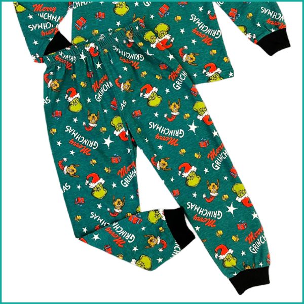 Merry Grinchmas Kids Full Sleeves Pajama Set - Green - Image 3