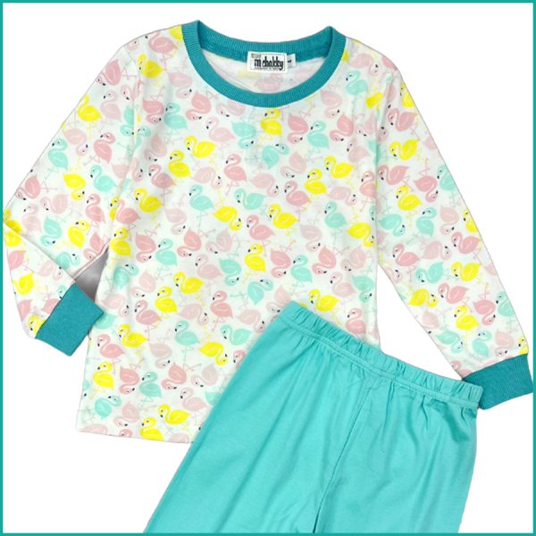 Flamingo Girls Full Sleeves Cotton Pajama Set - White Blue - Image 2