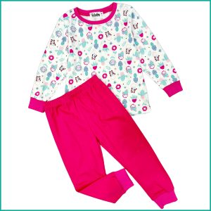 Mimino Girls Full Sleeves Cotton Pajama Set - White Pink
