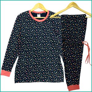 Small Flowers Ladies Full Sleeves Cotton Pajama Set - Dark Blue