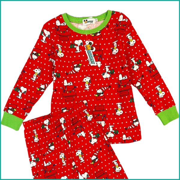 Snoopy Girls Full Sleeves Cotton Pajama Set - Red Green - Image 2
