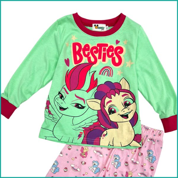 Bestie Girls Cotton Pajama Set - Green Pink - Image 2