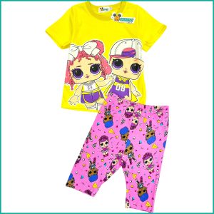 Cute LOL Girls Cotton Shorts Set - Yellow Purple
