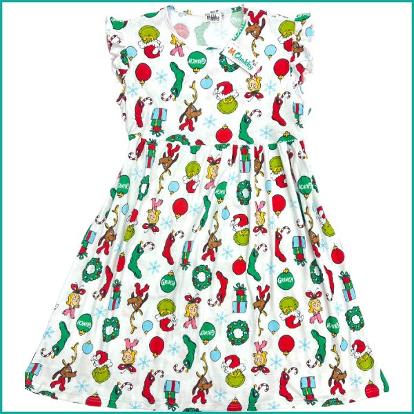 Christmas Grinch Ladies Cotton Dress - White