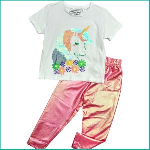 Floral Unicorn Girls Summer T-Shirt with Trouser Set - White Pink