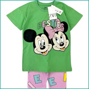 Mickey Bestie Girls Summer Shorts Set - Green Pink