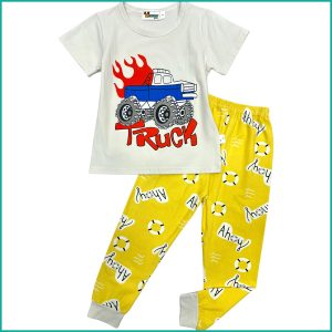 Truck Boys Half Sleeves Pajama Set - Grey Yellow