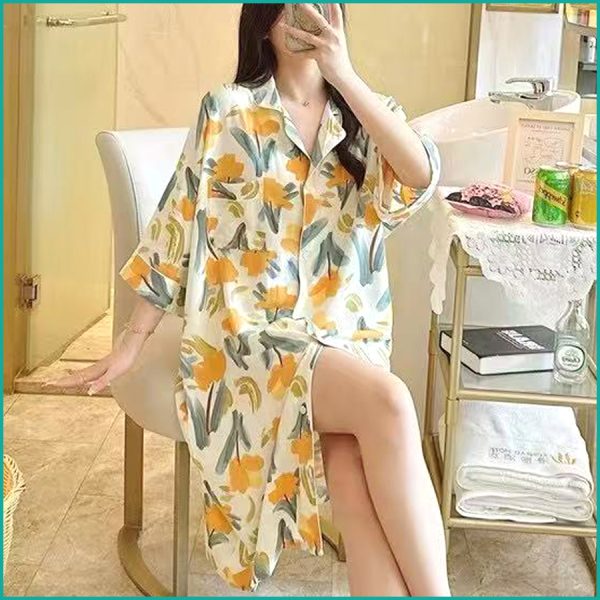 Floral Ladies Linen Material Long Shirt - White - Image 2