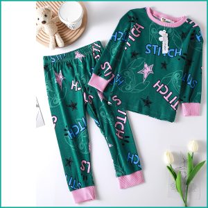 Stitch Girls Cotton Pajama Set - Dark Green