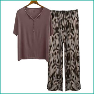 Plain Strips Ladies Pajama Set - Brown