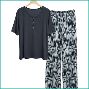 Plain Strips Ladies Pajama Set - Grey