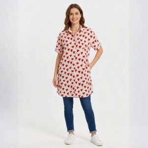 Love Heart Ladies Sleepwear Long Dress Satin Material - Pink