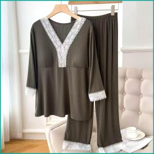 Plain Ladies Cotton Reeb Material Pajama Set - Green