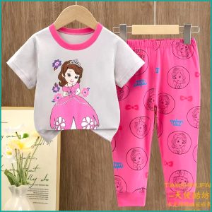 Cute Princess Girls Half Sleeves Pajama Set - Grey Pink