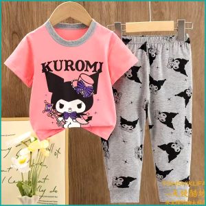 Kuromi Girls Half Sleeves Pajama Set - Pink Grey