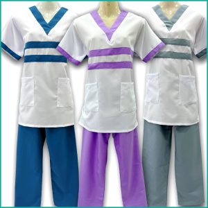 2 Strips Maids قصير Kreb Half Sleeves Uniform يونيفورم كريب - Blue Gray Purple