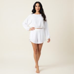 Line Ladies Crop Full Sleeves T-Shirt with Shorts - White