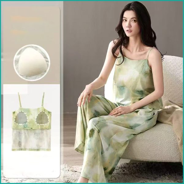 Tie-Dye lounge Set built-in Padded Camisole and Flowy Wide-Leg Pant - Green - Image 4
