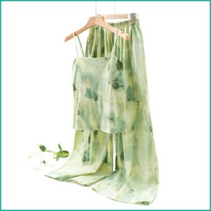 Tie-Dye lounge Set built-in Padded Camisole and Flowy Wide-Leg Pant - Green